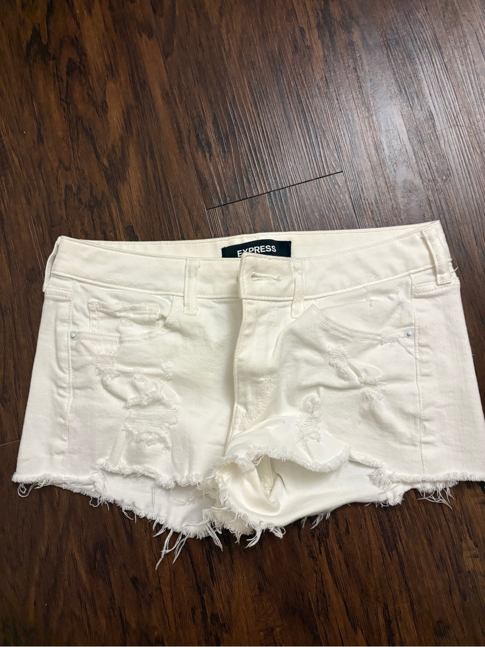 Express Cream White Distressed Denim Jean Shorts - Women's